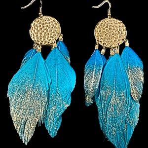 Teal Feather Earrings with Gold Circles - Boho Elegance for Every Occasion! 💙✨